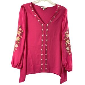 Pioneer Woman Top Women Medium Pink‎ Floral Embroidered Long Sleeve Assymetrical